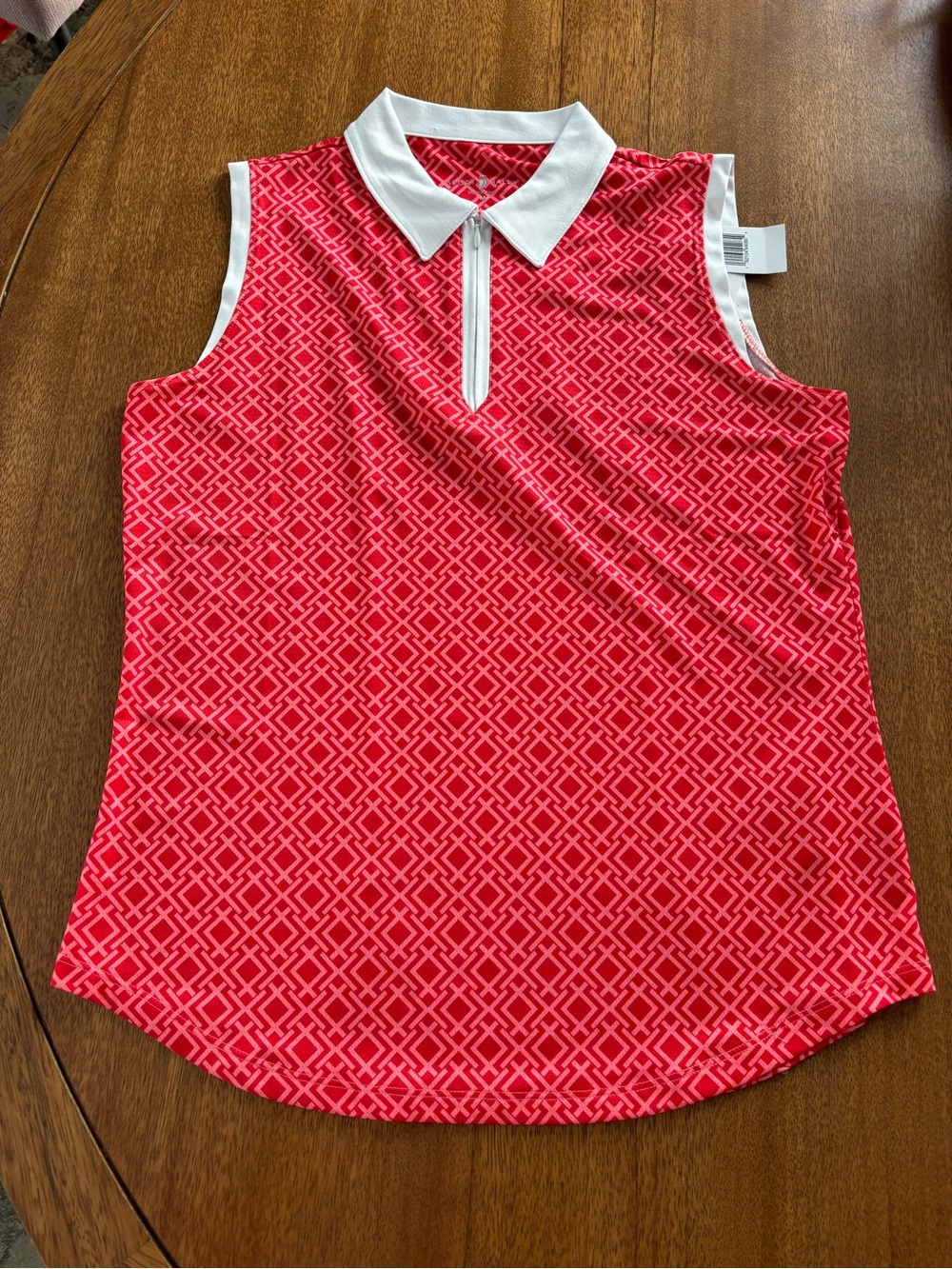 Sport Haley Pink Geometric Sleeveless Zip Polo Tank with White Trim